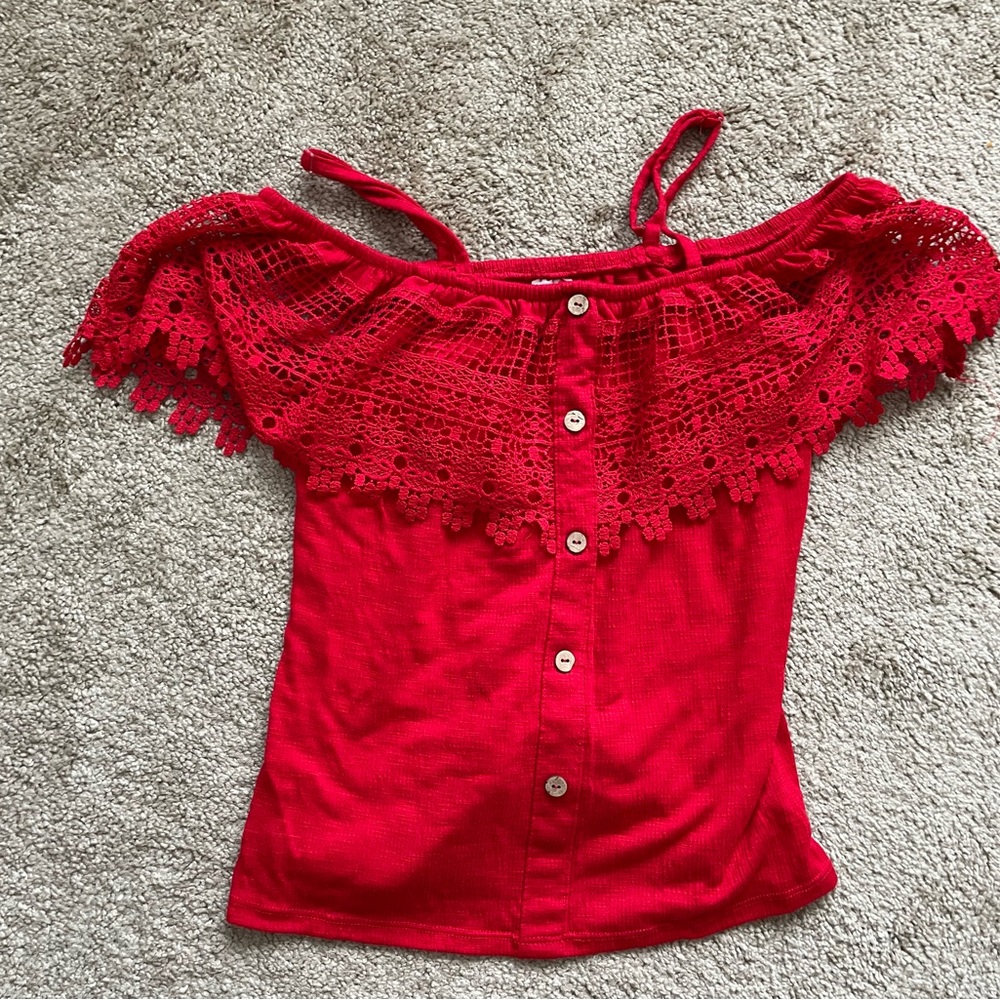 Red Off-Shoulder Crochet Trim Button-Front Tank